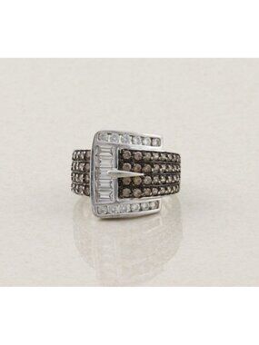 Sterling Silver Sparkly Brown & White Cubic Zirconia Belt Buckle Ring Size 6 3/4